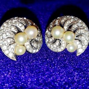 Crown Trifari Faux Pearl and Diamond Earrings.
